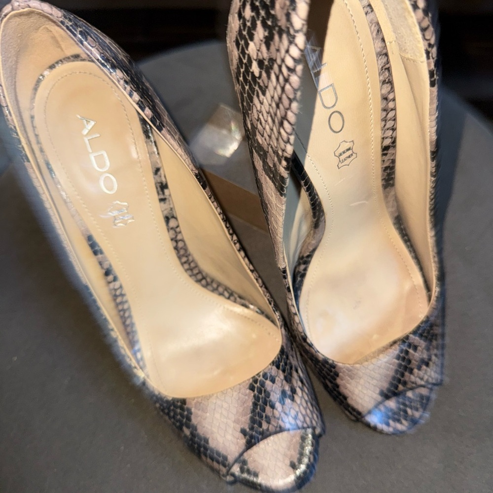 Aldo Black and Cream Snakeskin Heels